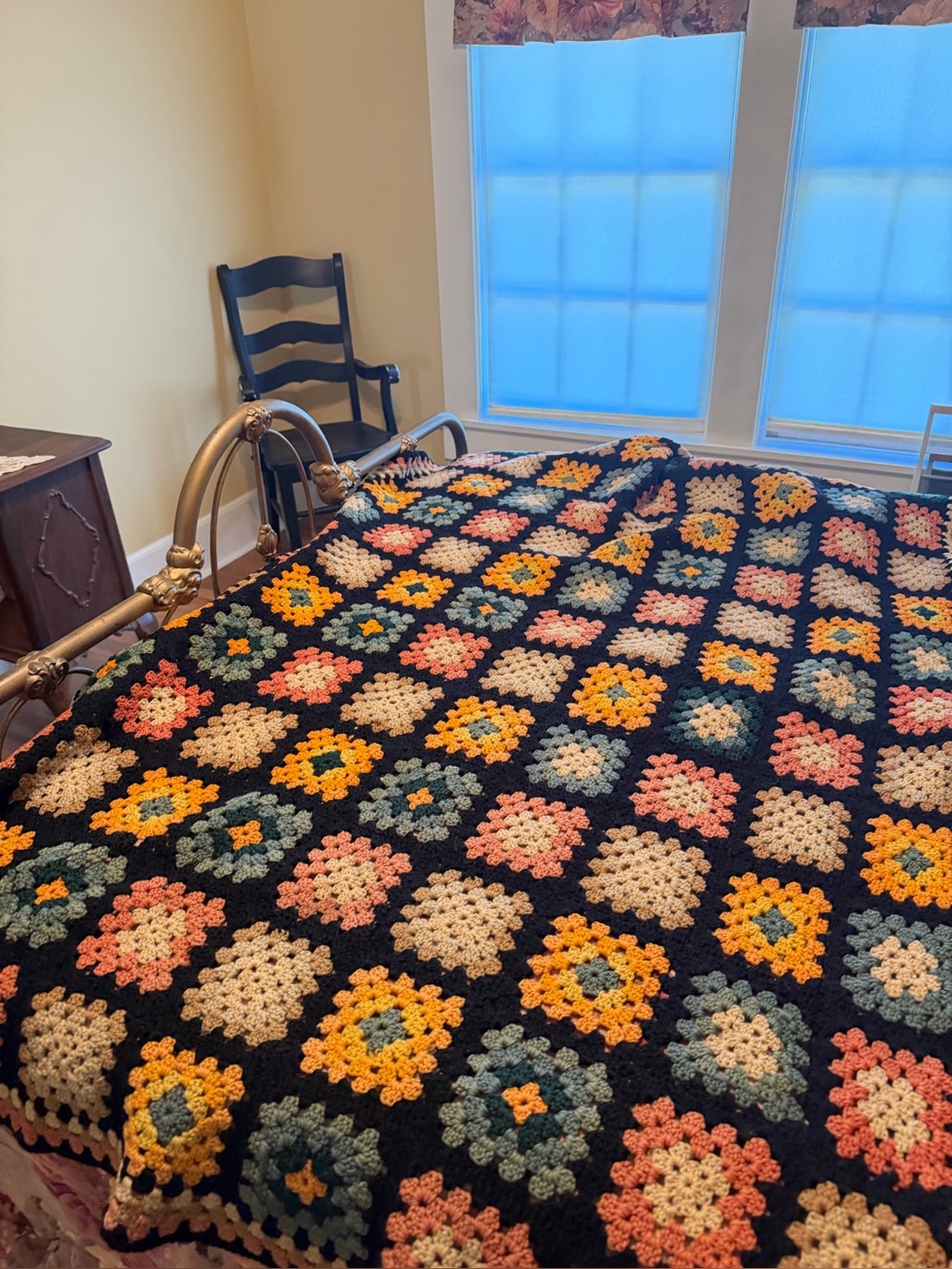 Vintage Handmade Granny Square Crochet Blanket Throw 42 x 64 Boho Retro Afghan